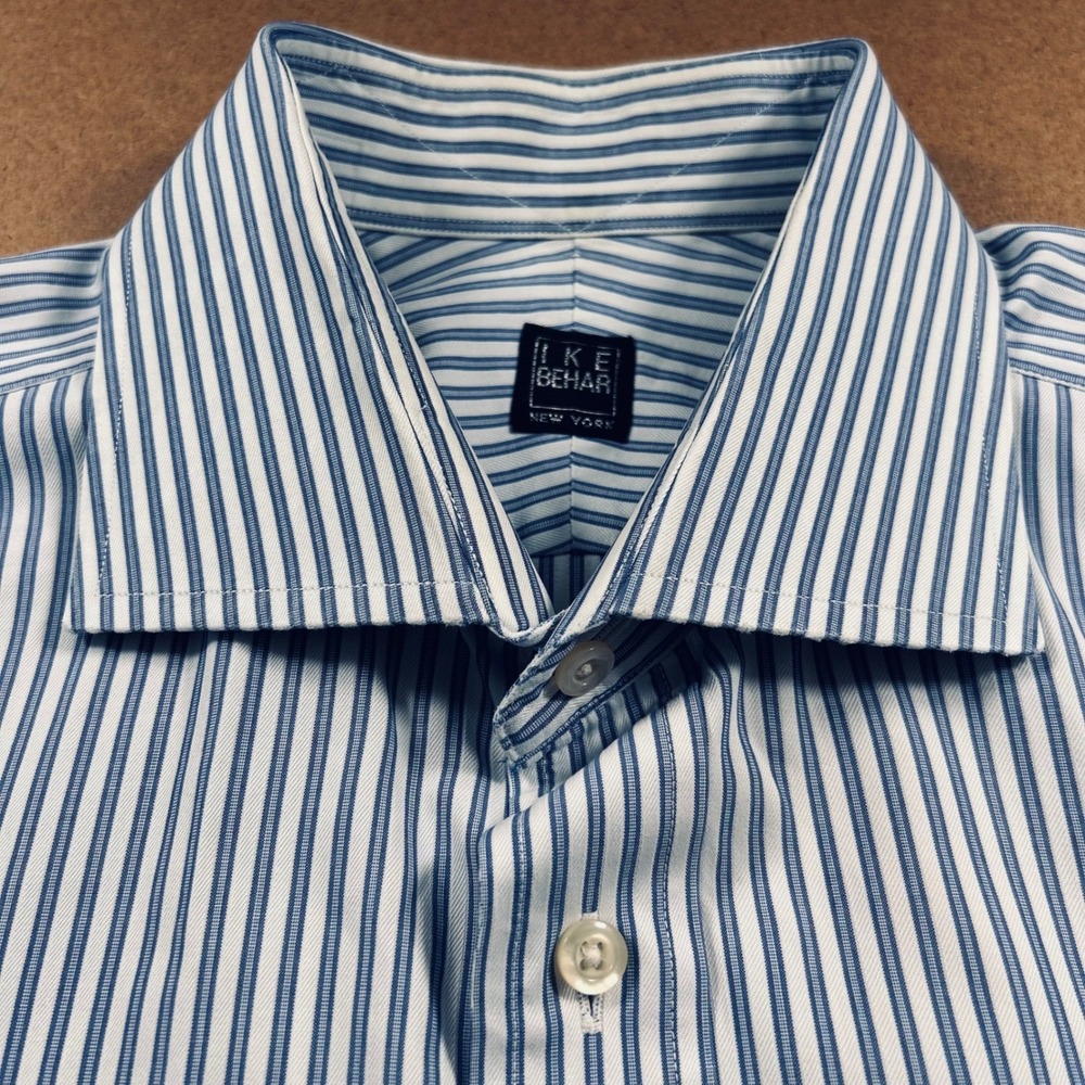 Ike Behar New York Dress Shirt Mens 16.5-34 Blue White Striped Cotton Spread